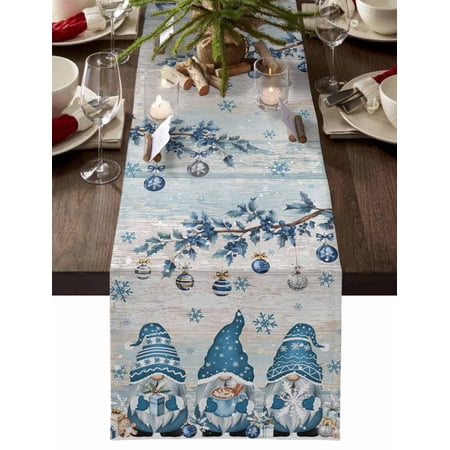 Blue Gnomes Christmas Dresser Scarf Farmhouse Dining Table Decorations for Wedding/Parties Xmas Ball Snowflake Gifts Botanical Winter Table Runner 60 Inches Long for Kitchen Dining 13 x 60 In