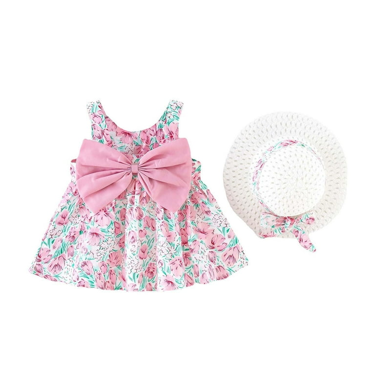 skpabo Baby Girls Summer Dress with Straw Hat Toddler Cotton
