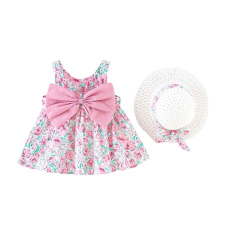 

REORIAFEE Girls Bohemian Dress Tea Party Dress Holiday Backless Big Bow Flower Suspender Skirt With Hat Tutu Dress Bohemian Dress Evening Dress Formal Dress Loose Dress Pink 2-3 Years