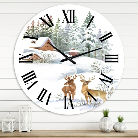 Designart 'Winter Cottage With Two Deers' Farmhouse Wall Clock