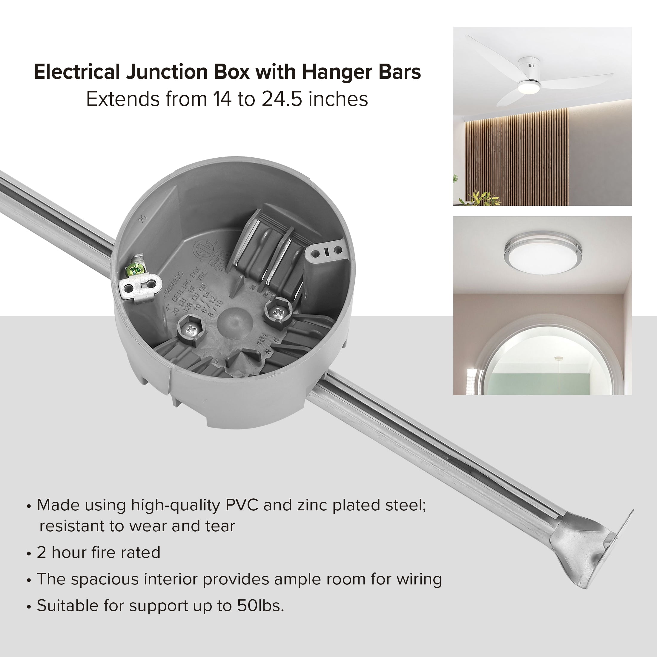 Maxxima 1-Gang 4 in. Round Junction Box, 20 Cu. in, New Work Electrical Ceiling Box with Adjustable Hanger Bar, Fire Rated (10 Pack)