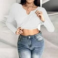 thumbnail image 2 of Olyvenn Stylish Women Long Sleeve Shirts Built-in Shelf Bra Tops Rib-Knit Top Spring Outfits V Notch Ribbed Slim Fitted Casual Basic Crop Top White 12, 2 of 9