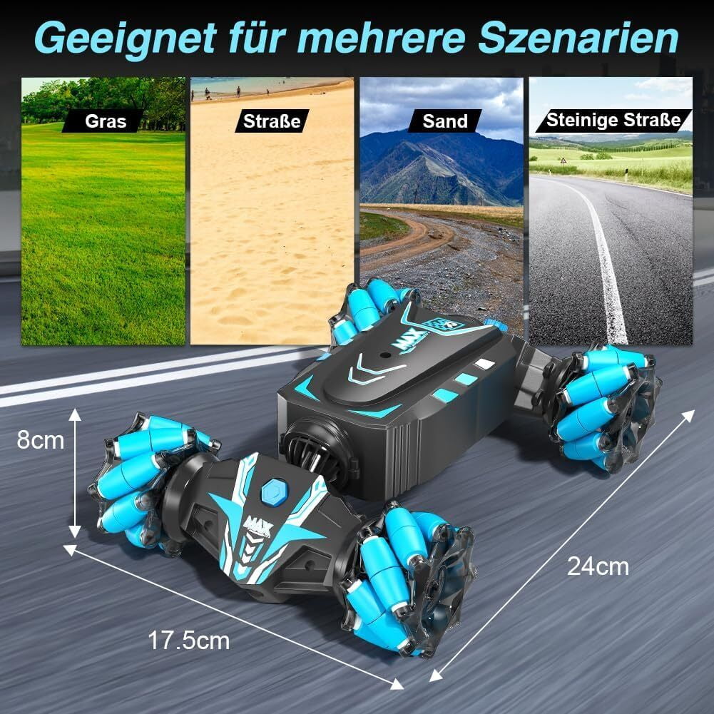 Remote Control Car Hand Controlled Gesture RC Stunt Car with Spray & Lights & Music, 4WD 2.4GHz Off-Road Vehicle 360° Double Sided Rotation Crawler Vehicle RC Car-Blue