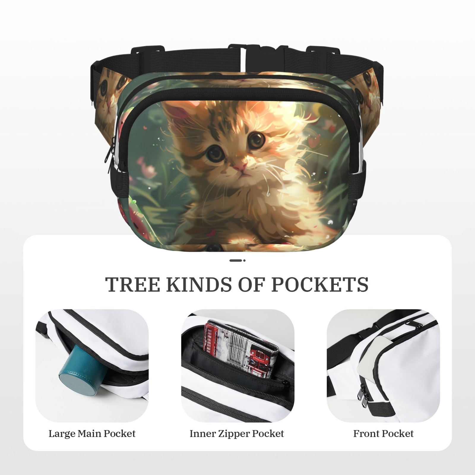 Hirioo Cute Kitten Water Lilies for Double Layer Waist Bag Adjustable Fanny Pack For Travel Running Hiking