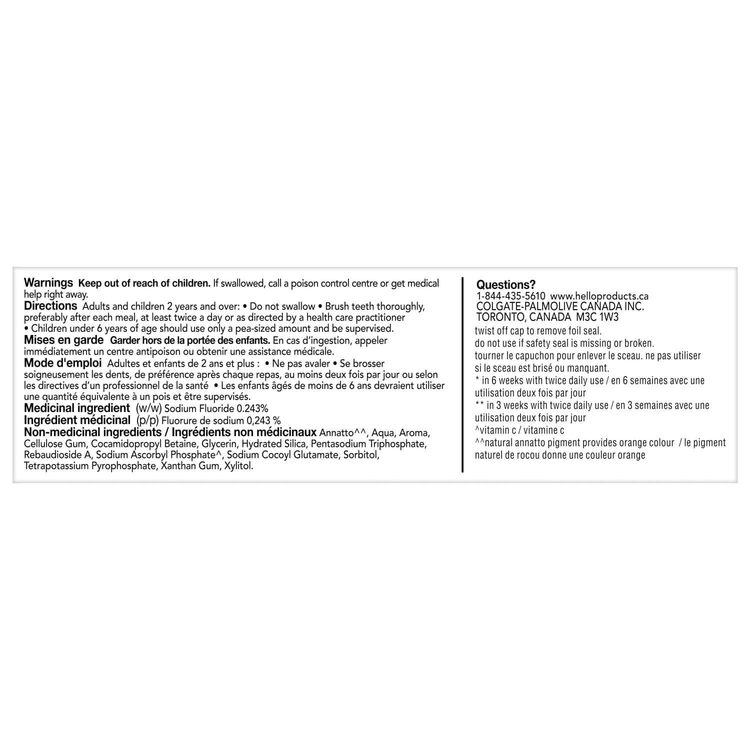 Hello Super Mega Whitening Toothpaste with Fluoride, Whitening Toothpaste Powered by Vitamin C, Helps Whiten Teeth Up to 2 Shades Whiter, Natural Peppermint Flavour, 82 mL Tube, Hello Toothpaste