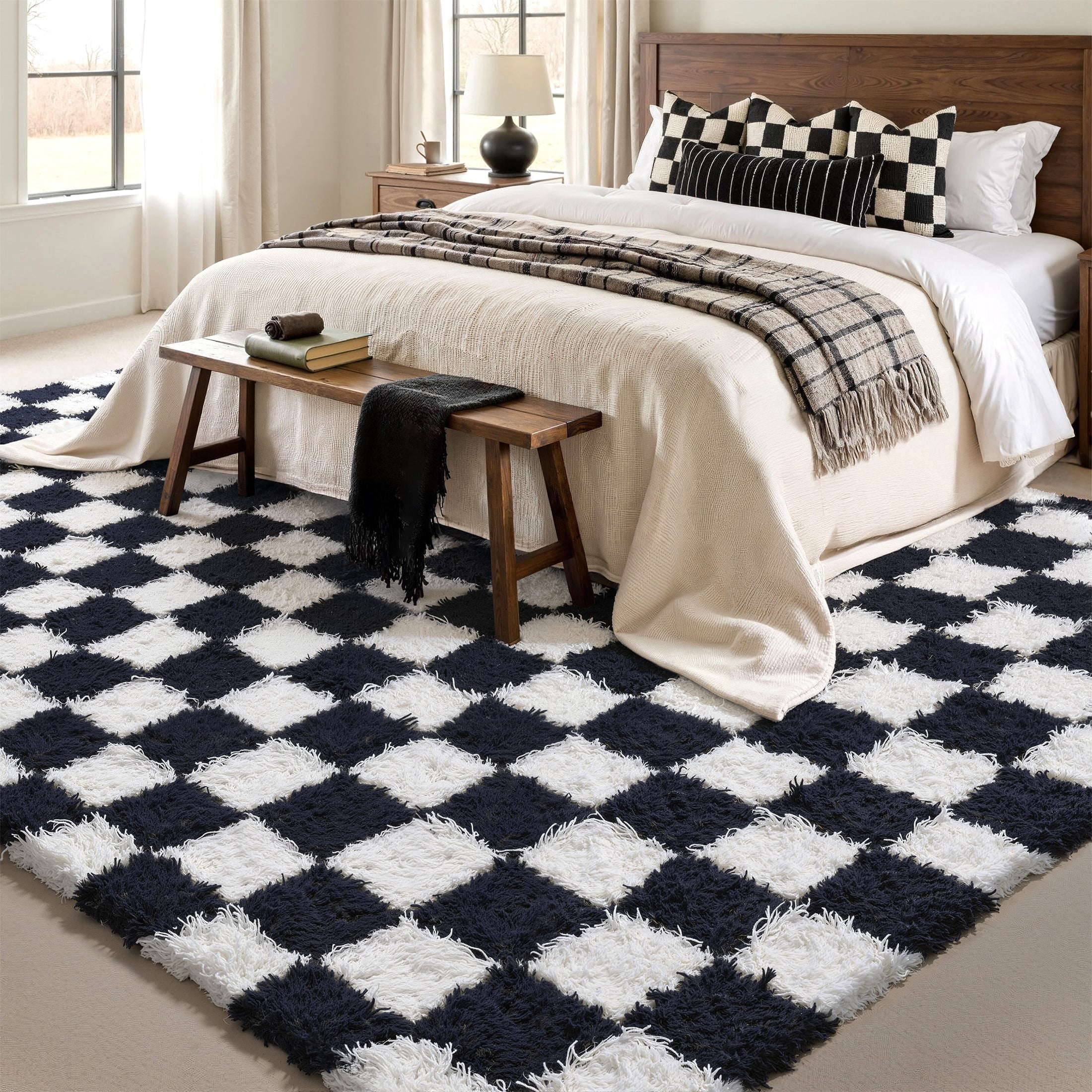 BERTHMEER 6'x9' Area Rugs for Living Room Bedroom Geometric Fluffy Shag Modern Indoor Checkered Rugs Carpets,Black White