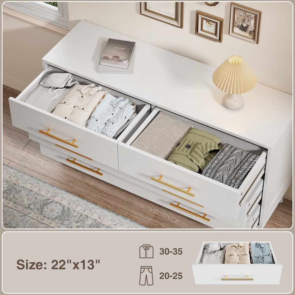 Aiho 6 Drawer Dresser, Wide Chest of Drawers Nightstand Storage Tower Storage Wooden Dresser for Living Room, Bedroom, Hallway - White