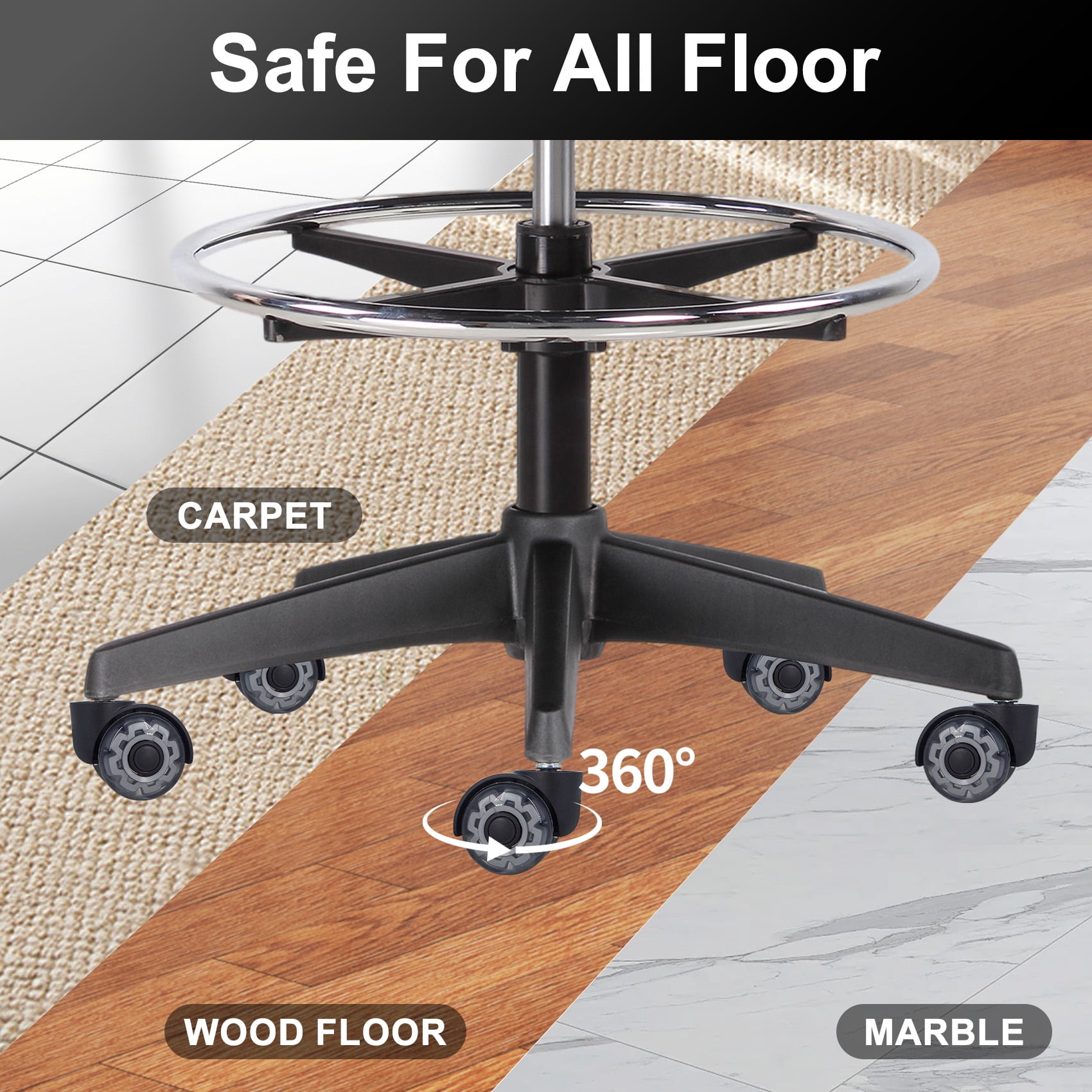 Office Chair Wheels Set of 5, Heavy-Duty Seat Casters Replacement Support 2200lbs, 2 Inch Universal Fit (Black)