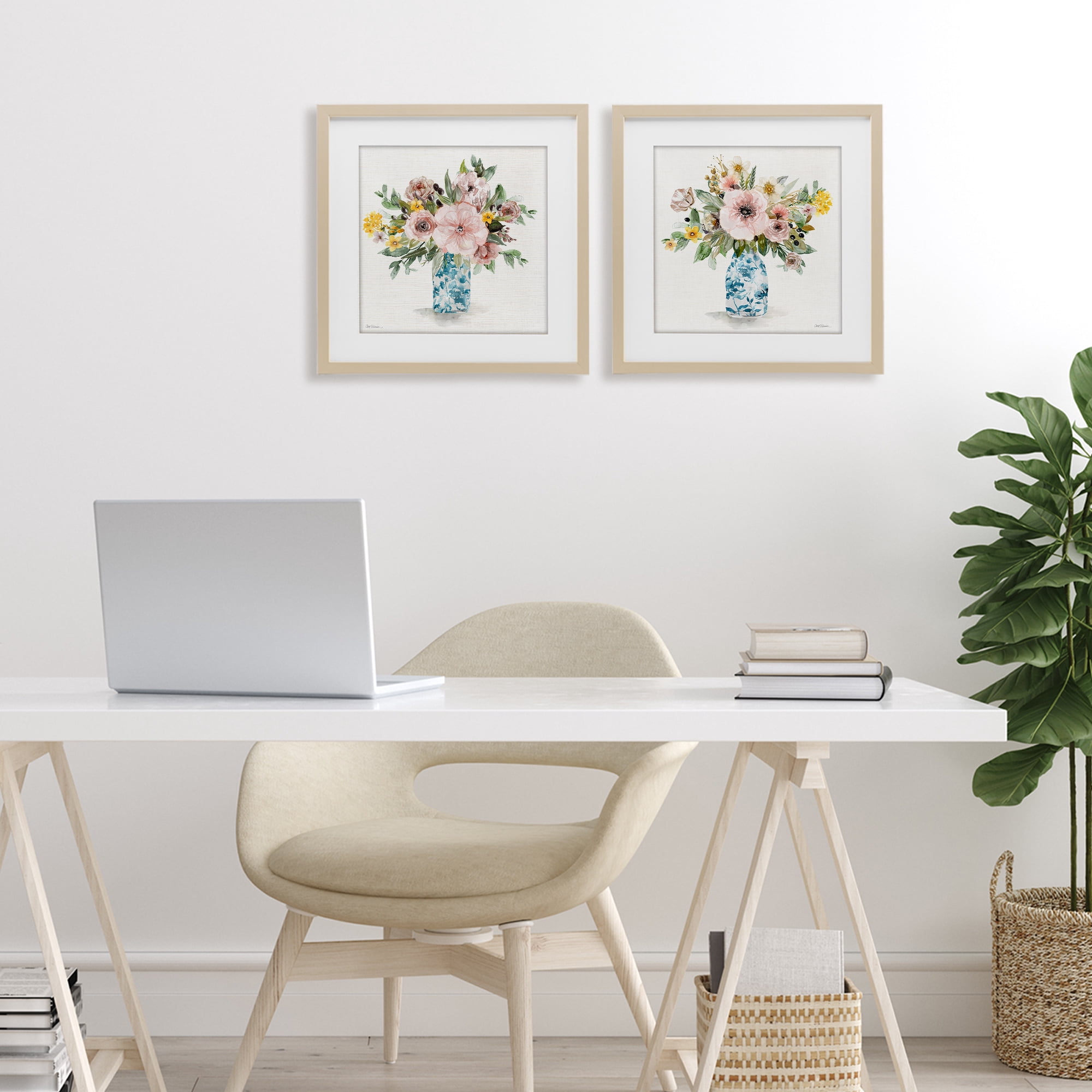 Stupell Industries Summer Chinoiserie Flowers 2 Piece Birch Framed Print Under Glass Set, design by Carol Robinson