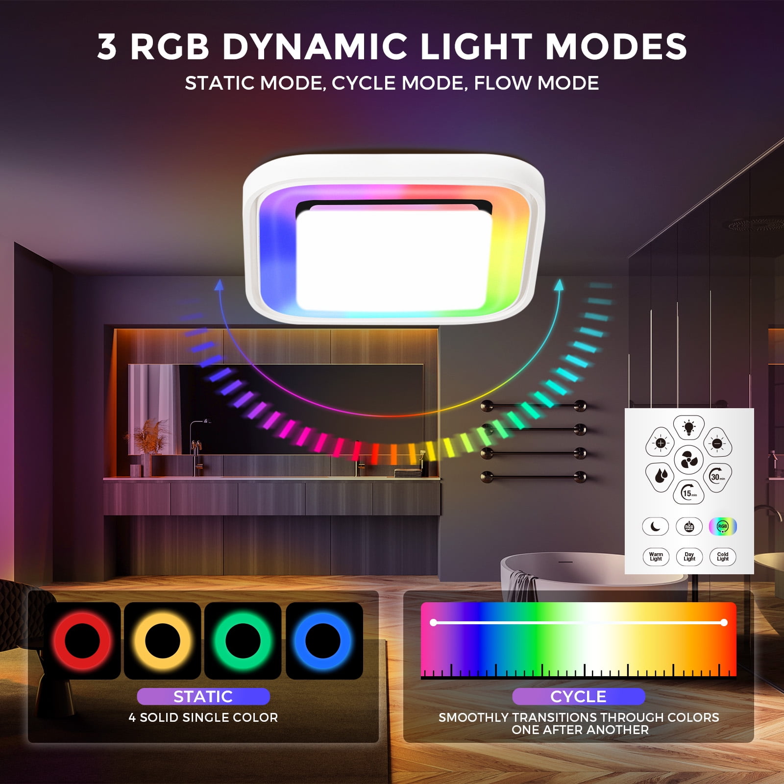 Akicon Bathroom Exhaust Fan with RGB LED Light, 110 CFM 1.5 Sone Ultra Quiet Bathroom Vent Fan for Ceiling, 3CCT Dimmable Light & Nightlight, Remote Control, Square, White