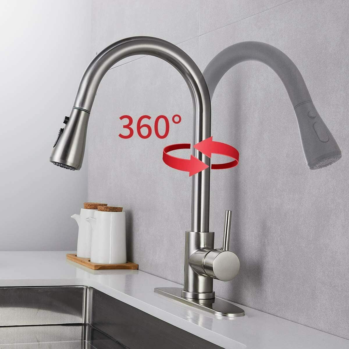 Single Handle Brushed Nickel Kitchen Faucet Sink Pull Out Sprayer Cover 