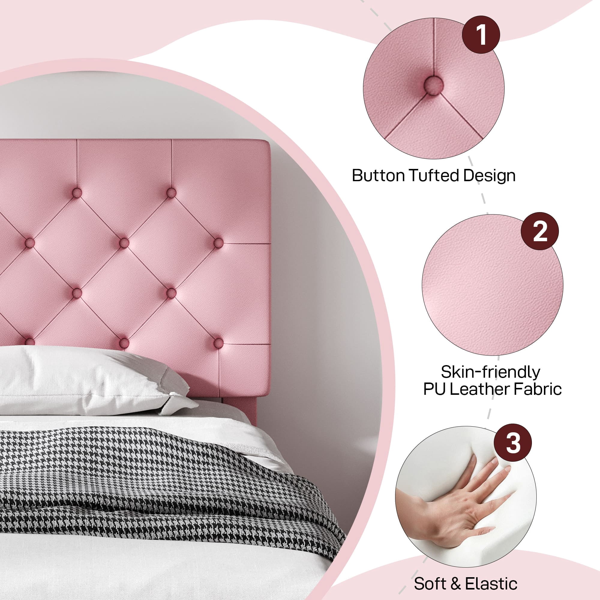 4 EVER WINNER Full Upholstered Bed Frame with Adjustable Headboard, Button Tufted Linen Bed Base, Platform Bed with Wood Slat, Heavy Duty, Easy Assembly, No Box Spring Needed, Pink
