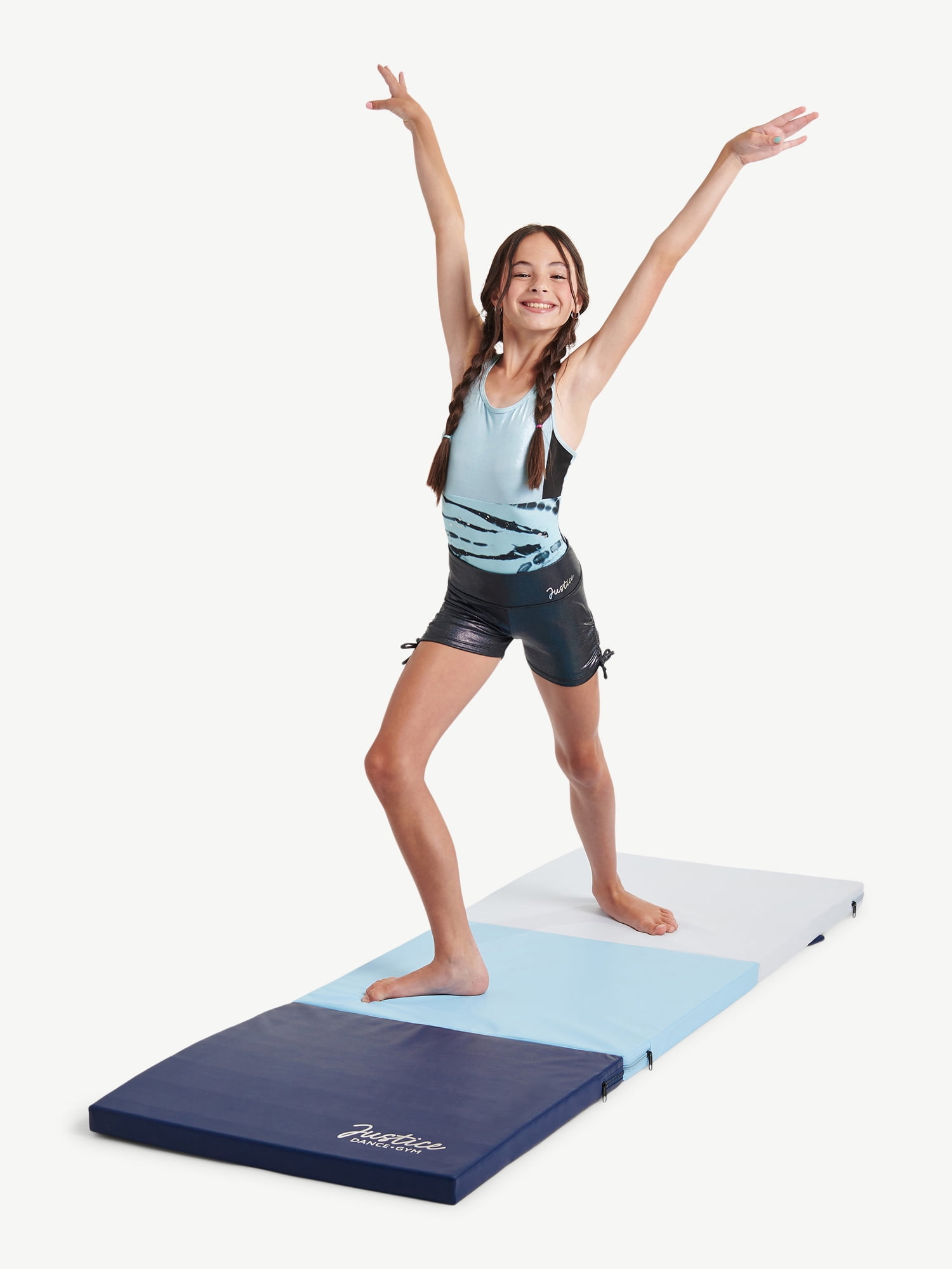 Justice 6' Three Folding Gymnastics Mat with Carry Handles, Multi Color, Blue, 1.5-inch Thickness