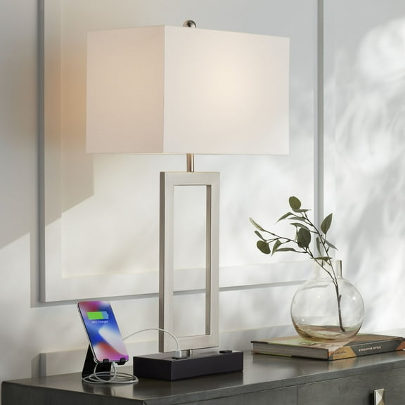 360 Lighting Todd Modern Table Lamp 30" Tall Steel Open Rectangle with USB and AC Power Outlet in Base White Shade for Bedroom Living Room Bedside