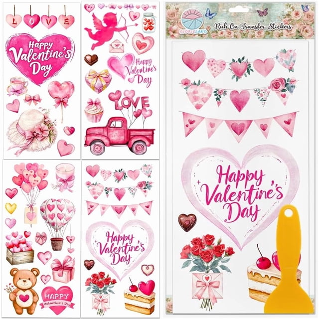 4 láminas de calcomanías para decorar muebles con diseño de San Valentín: corazones, corazones y diseños UV.