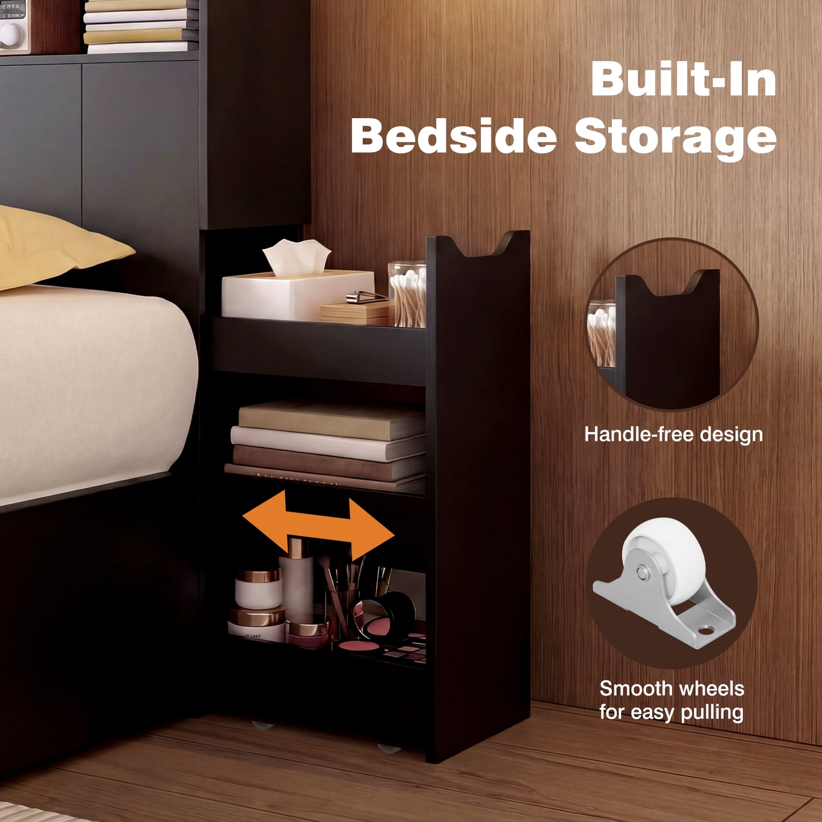 Advwin 63" Full/Queen Headboard with Pull-Out Storage Racks & LED Lights, Modern Bookcase Headboard with Charging Station, Space Saving Wood Headboard Only for Bedroom, Black & Walnut