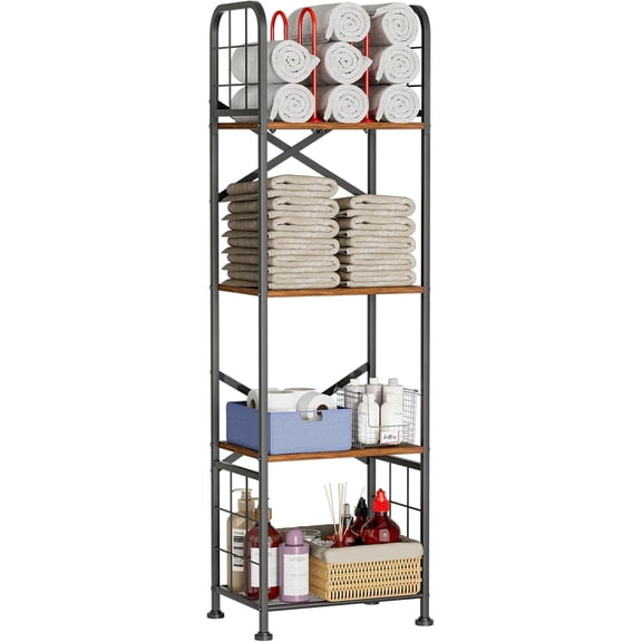 Bathroom Towel Storage, 4-Tier Free Standing Towel Rack with M-Shaped Dividers, Wooden Towel Organizer for Bathroom, Towels Stand for Home and Pool, Black and Rustic