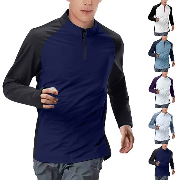 Admvng Mens Sports Long Sleeve Running Shirt Thumb Hole Stand Collar Athletic Workout Pullover Tops