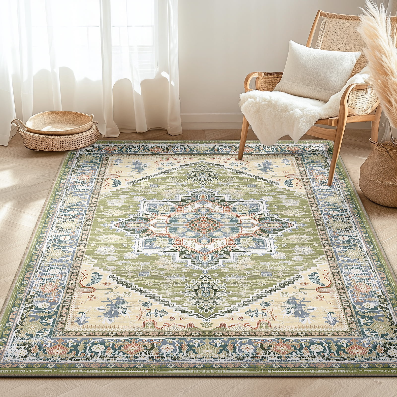 3'x5' Area Rugs, Machine Washable Non Slip Area Rug for Kitchen, Soft Low Pile Vintage Print Pattern Indoor Bathroom Thin Carpet, Green