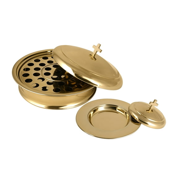 Communion Ware Holy Wine Serving Tray with a Lid & a Stackable Bread Plate with a Lid Stainless Steel - Brass/Gold Shiny