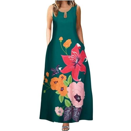 

jsaierl Women s Fashion Summer Comfortable Sleeveless Round Neck Retro Swing Dress for Women 2022