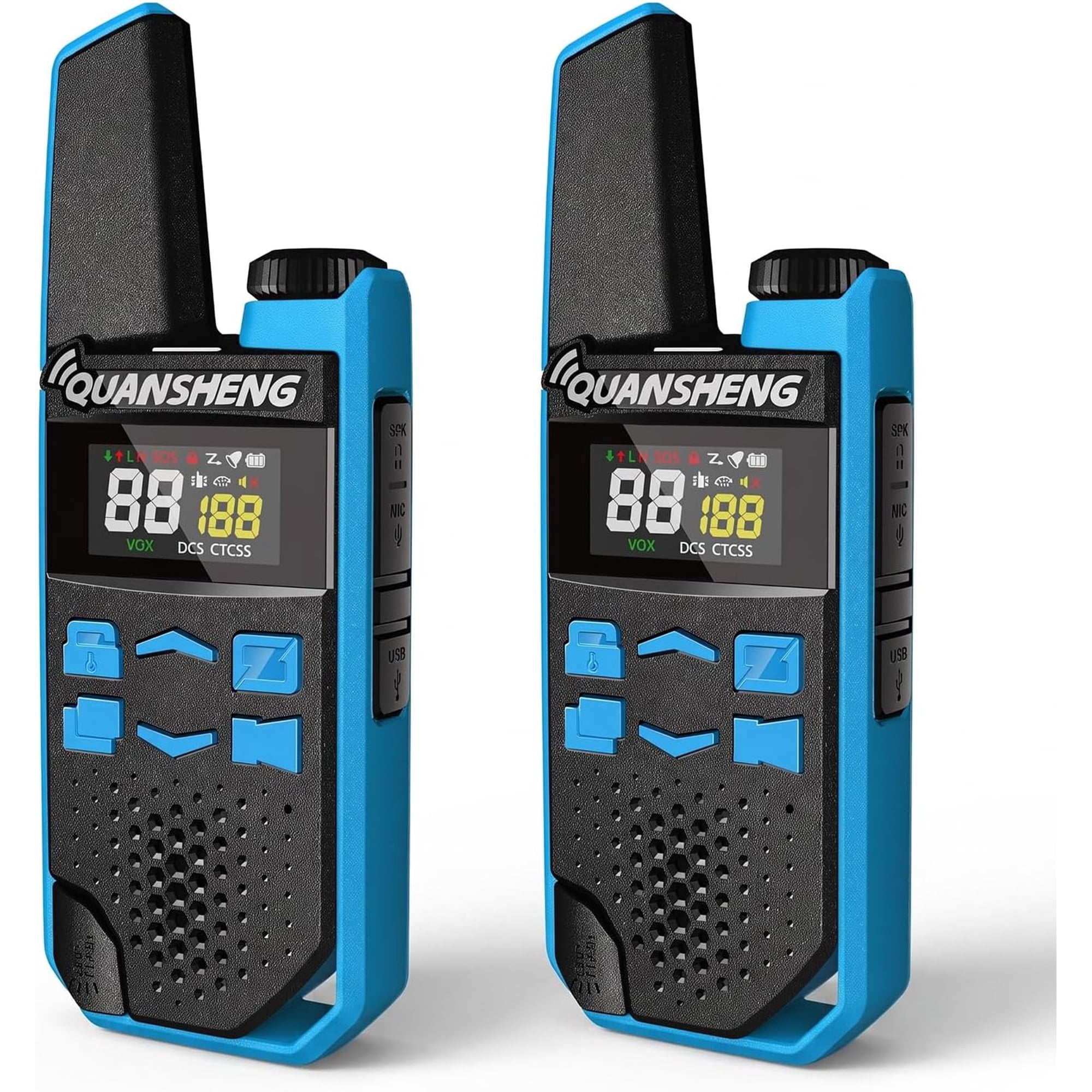 FRS Walkie Talkies 2 Pack License Free Two-Way Radios with HD Color Display Type-C Rechargeable 1200mAh Battery Long Range Clear Sound & LED Flashlight for Camping Hiking Adults Kids