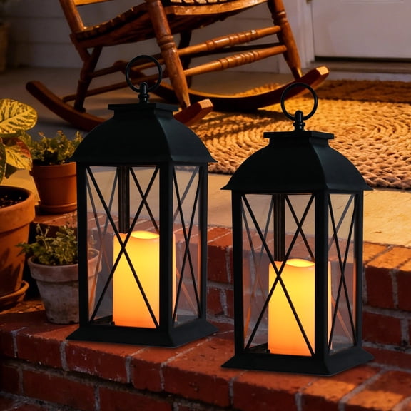 2 Pack 13 Inch Black Metal Decorative Lanterns with Flameless LED Candles, X-Pattern Glass Design, Hanging/Tabletop Vintage Lights for Patio, Porch, Garden & Indoor Home Decor