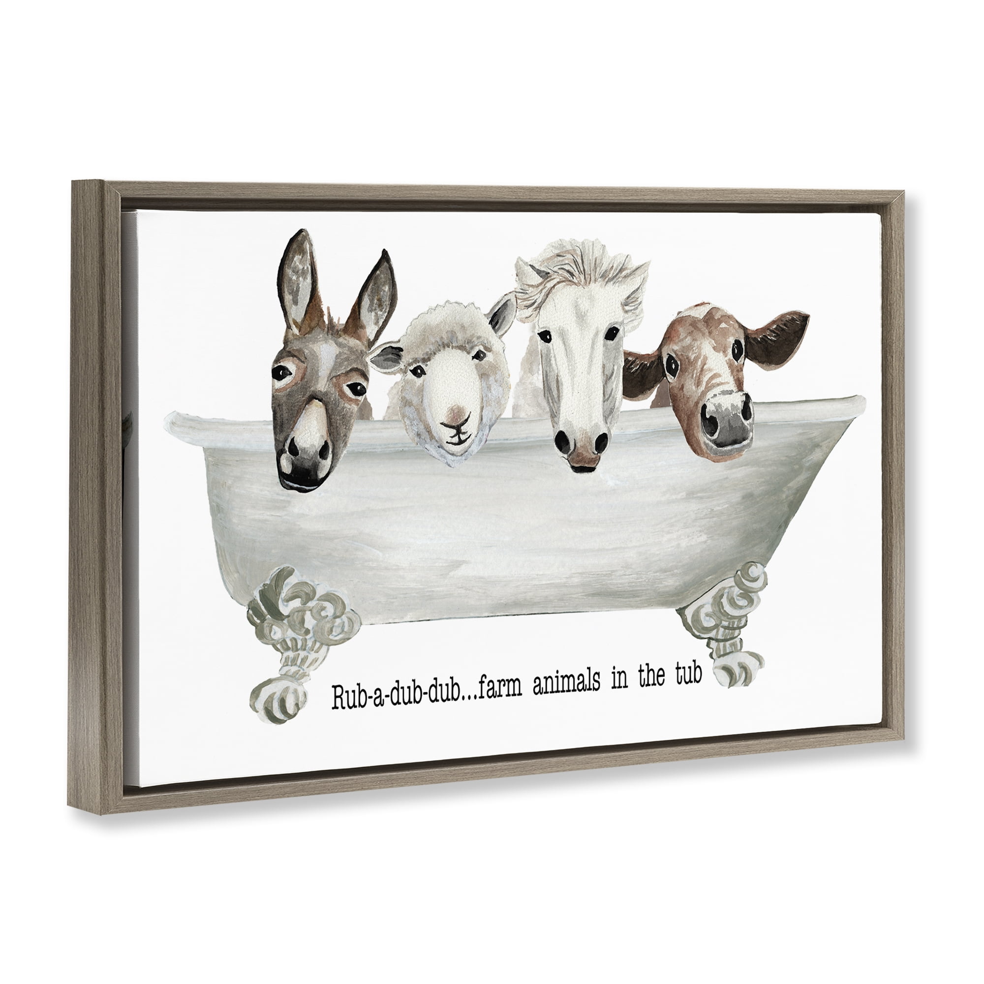 Stupell Industries Farm Animals Tub Bath & Laundry Painting Brown Floater Framed Canvas Art Print Wall Art, 25 x 17