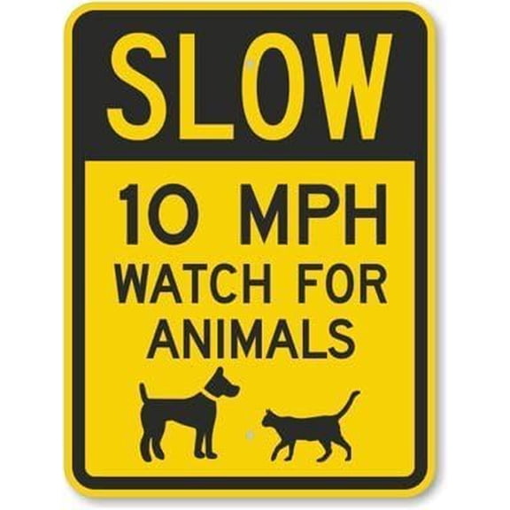 Speed Limit Sign Slow - 10 MPH Watch for Animals (with Graphic) Metal Sign 12 x 8 Inches – Warning for Wall or Fence