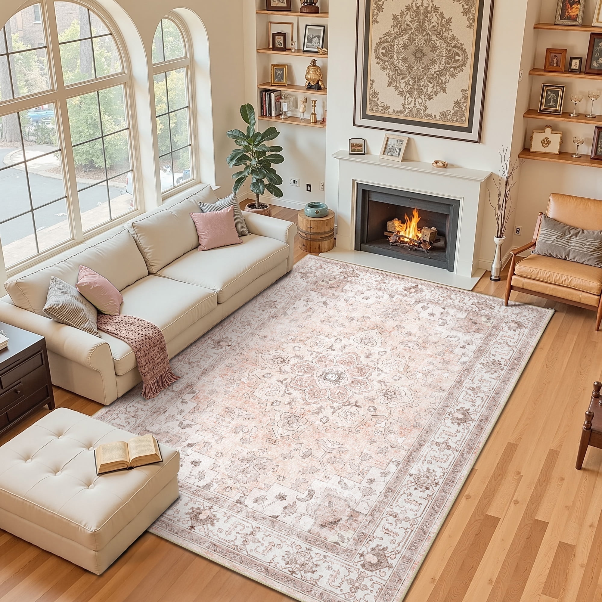 NewBuros 6'x9' Area Rugs, Machine Washable Non Slip Rugs for Living Room, Low Pile Water Repellent Soft Vintage Print Pattern Bedroom Carpet, Pink