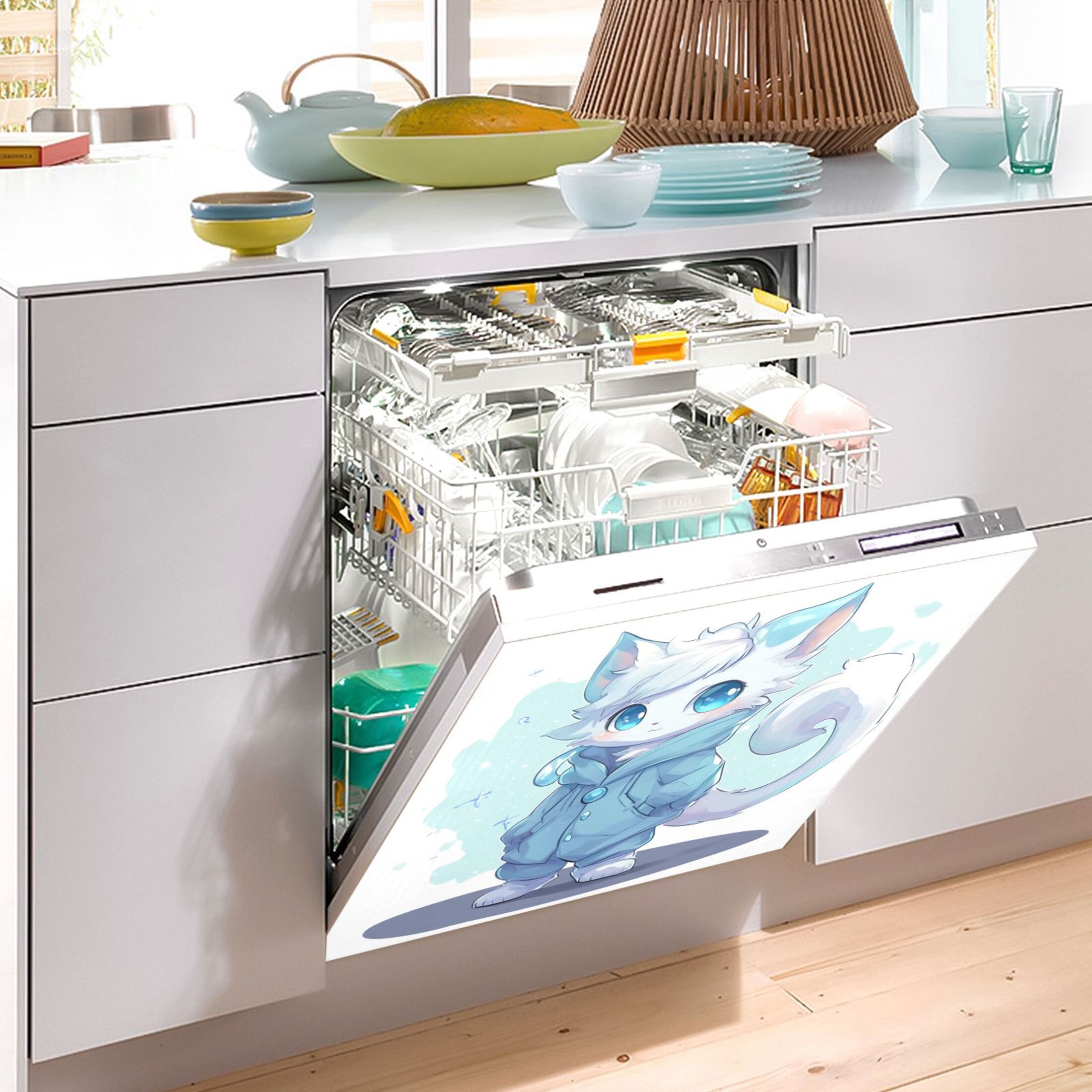 Dishwasher Magnetic Sticker 23x26 Inch Refrigerator Magnetic Sticker Washing Machine Magnetic Sticker Kitchen Panel Magnetic Sticker Home Decor Cartoon Beautiful Blue Cat
