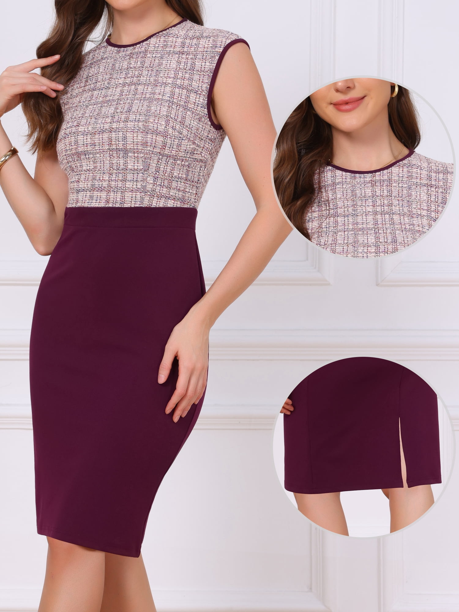 DARING DIVA Women's Tweed Patchwork Crew Neck Office Bodycon Midi Dresses L Cameo