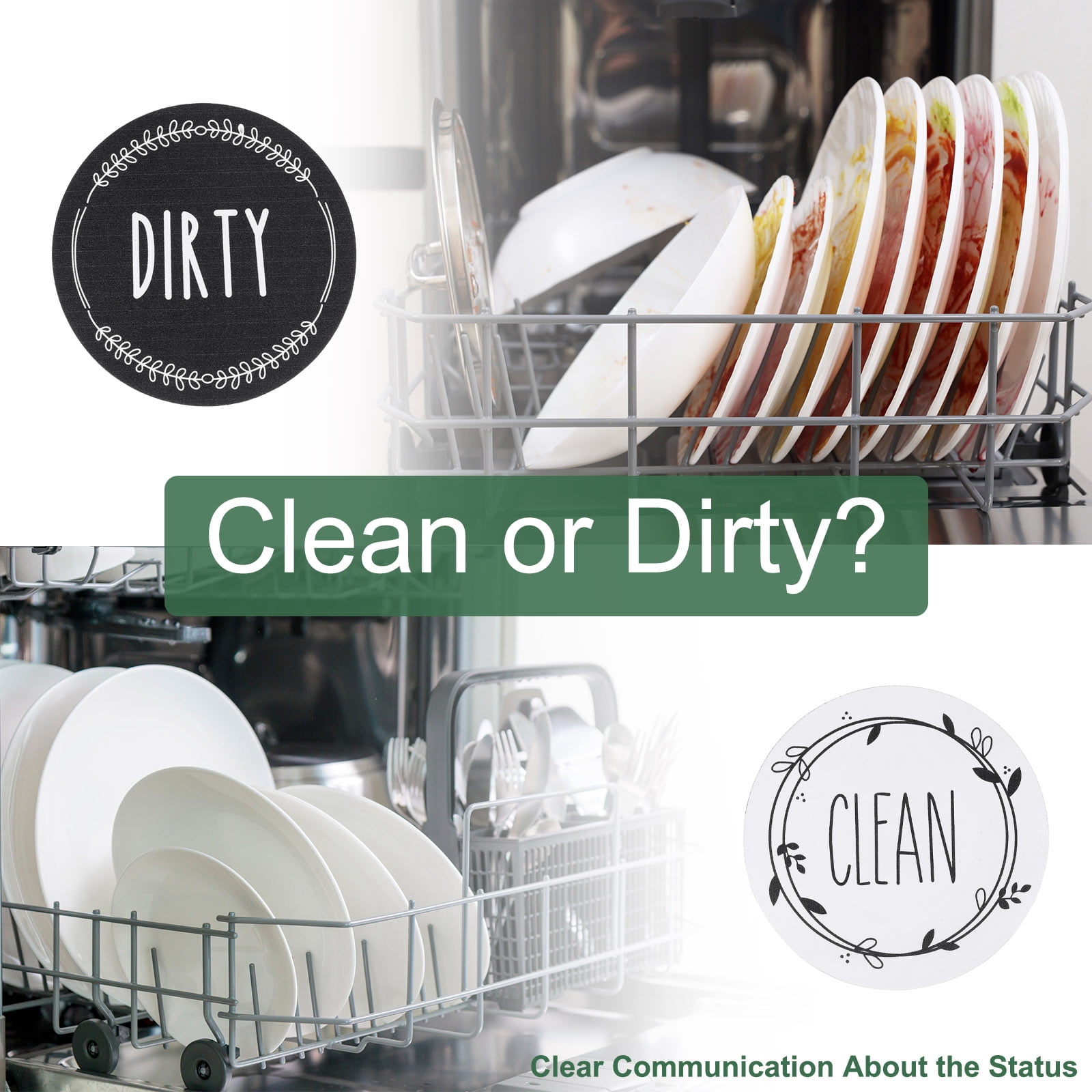 Unique Bargains Dishwasher Magnet Clean Dirty Sign Round Leaf Black/White