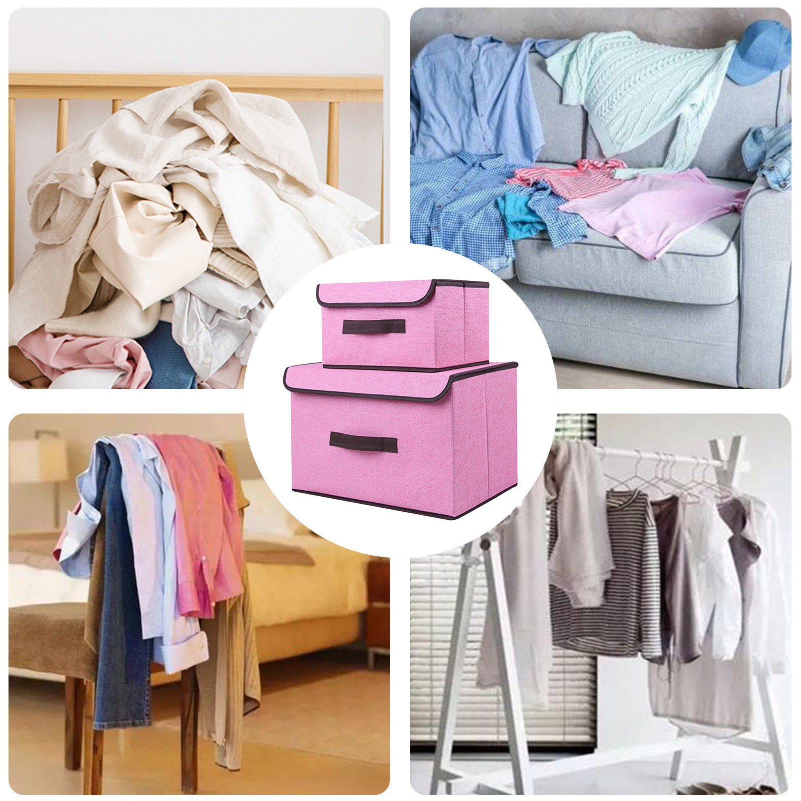Bizhua Pink: Large + Small - Storage Box Foldable Clothes and Miscellaneous Portable Dust-Proof Storage Box with Lid Folding Storage Box (Large + Small)Storage Box Foldable Clothing Sundries