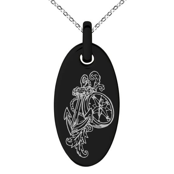 Stainless Steel Nautical Feather Compass & Anchor Engraved Small Oval Charm Pendant Necklace