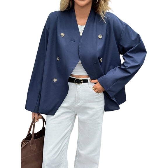 Women Cropped Trench Coat Oversized Double Breasted Lapel Long Sleeve Short Jacket Fashion Outerwear Navy Blue L