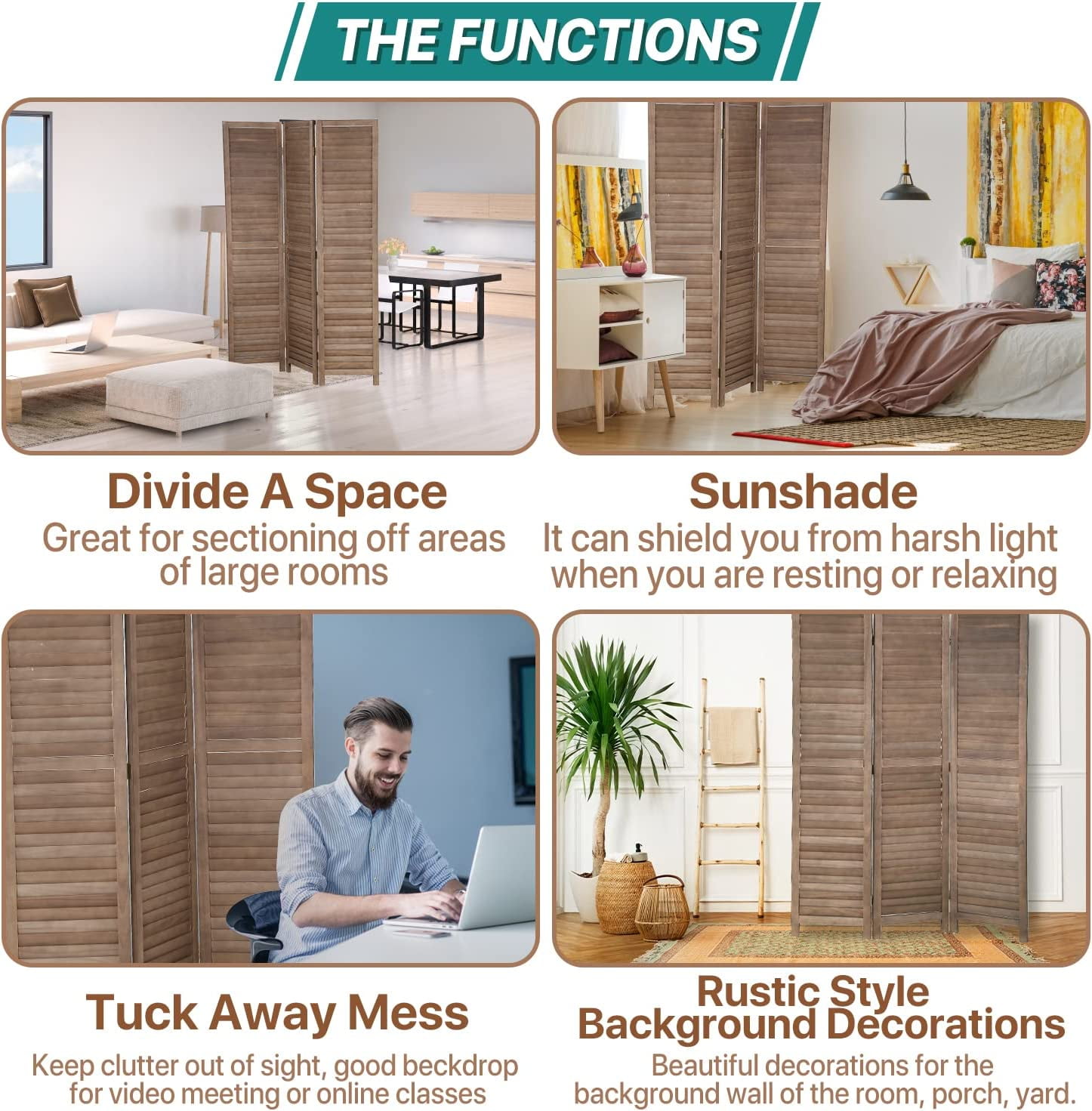 NiamVelo 3 Panel Wood Room Divider 67.7" Tall Folding Privacy Screen Wall Divider for Home Office, Brown