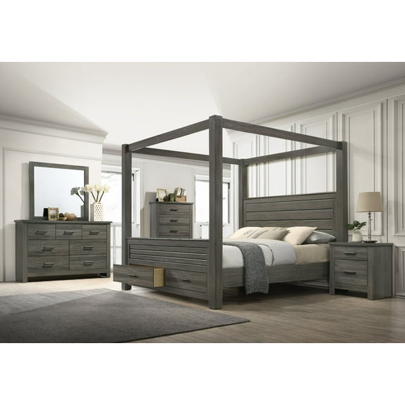 6Pc Queen Canopy Bed Set Storage Footboard Luxurious Bedroom Furniture Gray