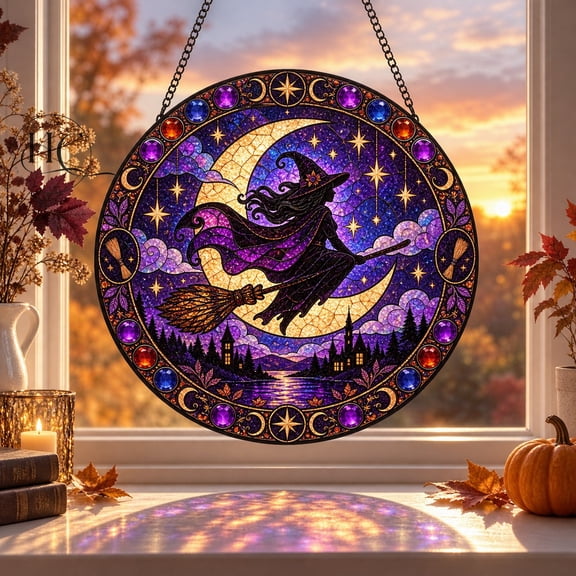 Faux Stained Glass Window Hanging Suncatcher, Flying Witch Broom Moon for Halloween Lovers