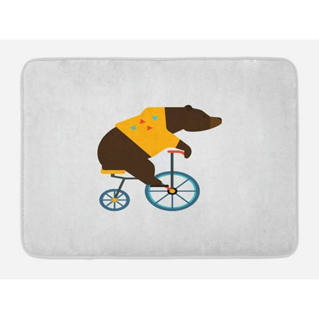 Bicycle Bath Mat, Big Teddy Bear Icon of Circus Riding Bicycle with Hipster Costume Animal Image, Non-Slip Plush Mat Bathroom Kitchen Laundry Room Decor, 29.5 X 17.5 Inches, Brown Yellow,