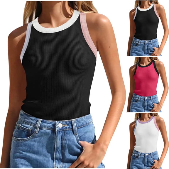 WEIee Tank Top for Women Shirts for Women Summer Crewneck Sleeveless Blouse Solid Color Lightweight Slim Fit Tops Lady Work Tank Tee Black L