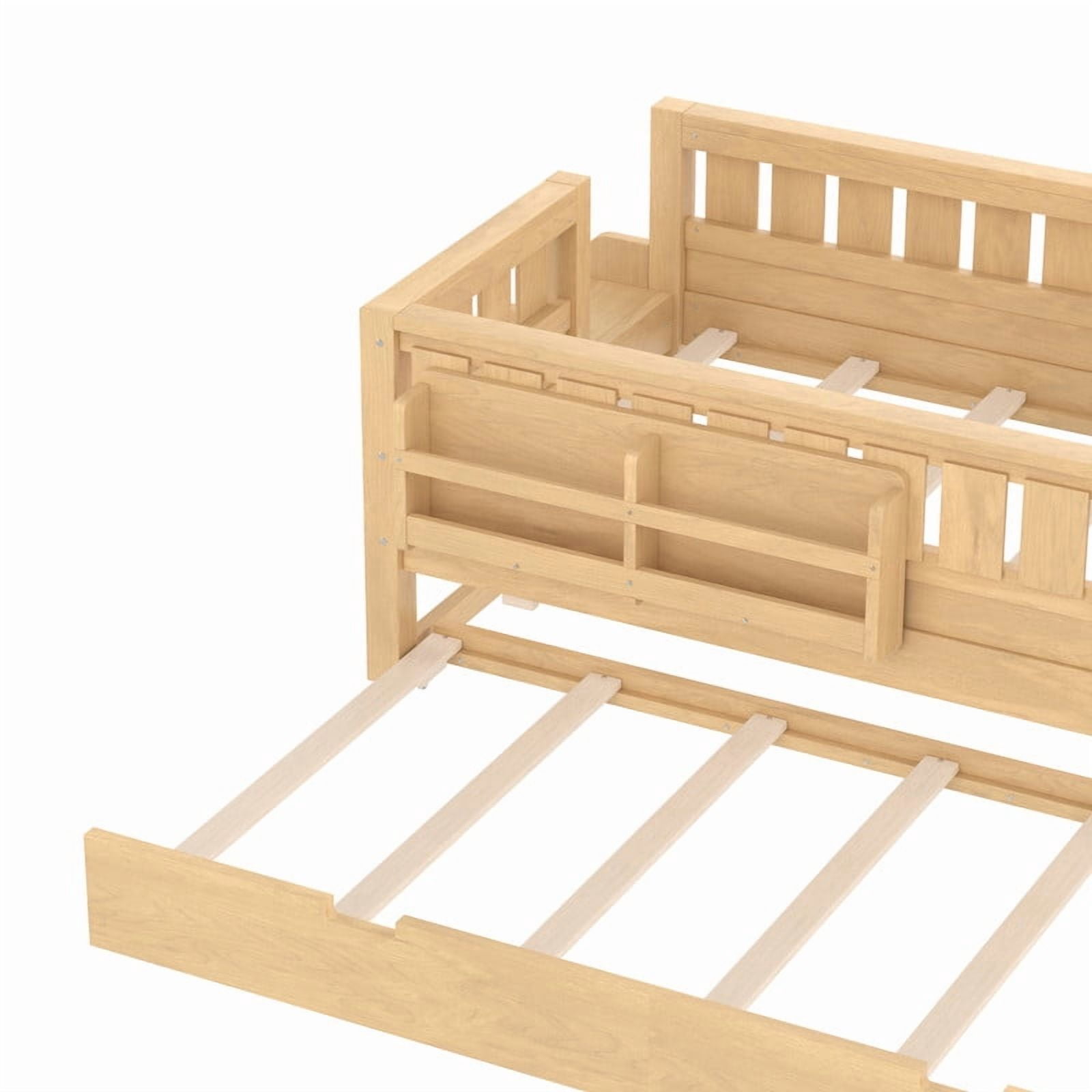 Twin Size Low-Profile Kid's Platform Bed with Built-in Bookshelves & Small Staircase, Wooden Bed Frame with Safety Rails & Trundle