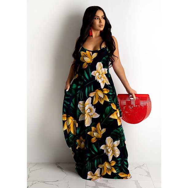 AliExpress Europe and the United States cross-border plus size summer new station flower print loose slip dress long skirt
