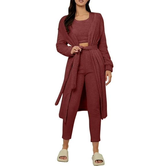 YUGYXL Women's Fuzzy 3 Piece Pjs Set Loungewear Open Front Cardigan and Crop Tank Tops with Pants Soft Lounge Sets Wine XL