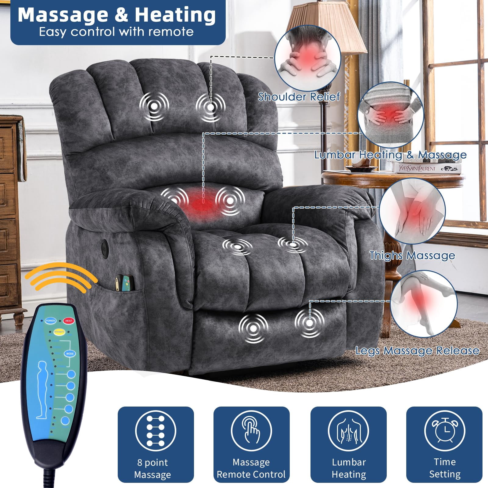 SOCIALCOMFY Large Electric Power Lift Recliner Chair with Extended Footrest for Elderly Big Man, Overstuffed Heated Massage Wide Reclining Sofa with 2 Remote Controls, Side Pockets & USB Ports, Gray