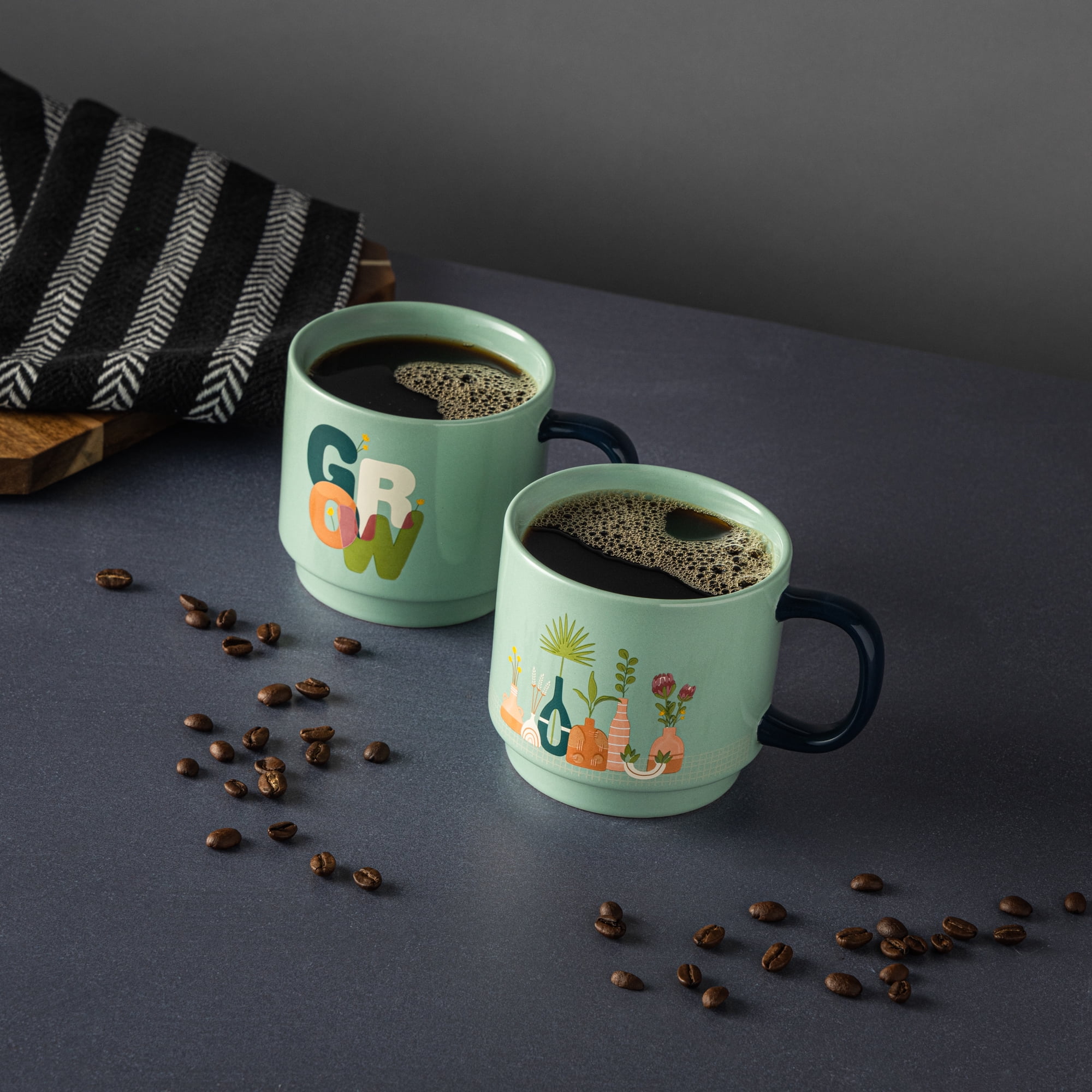 Thyme & Table 2 Pack Stacking Plant and Grow Gardens Green Mugs 14.2 fl oz, Stoneware