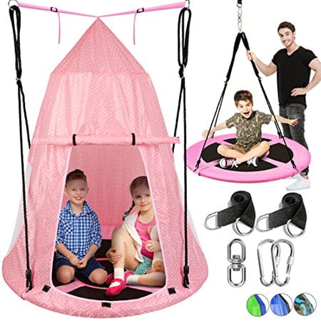 40” Hanging Tree Play Tent Hangout for Kids Indoor Outdoor Flying Saucer Floating Platform Swing Treepod Inside Outside House Canopy - Includes Hammoc