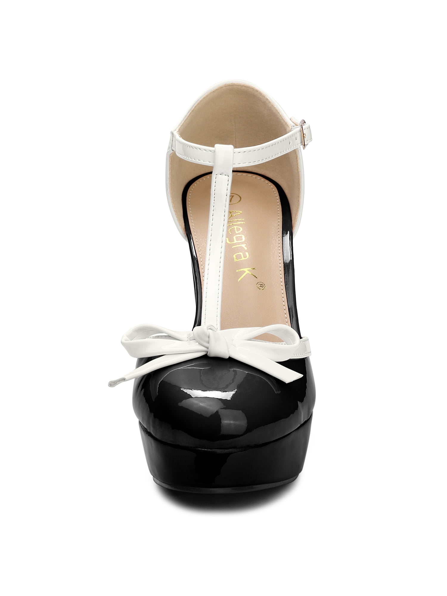 DARING DIVA Women's Platform Bow T Strap Chunky Heels Pumps Black 6