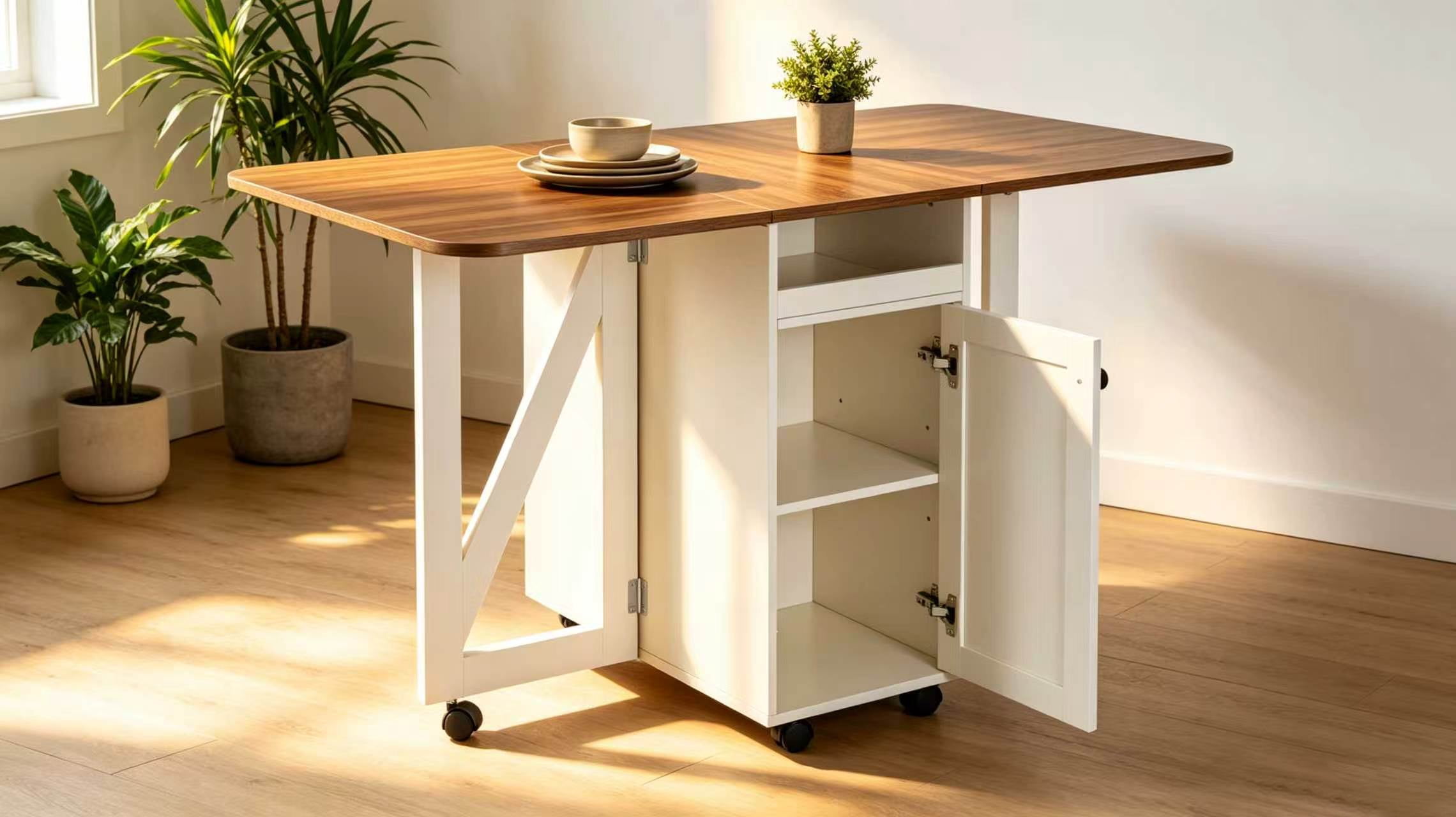 Rolling Drop Leaf Kitchen Island Cart with Expandable Tabletop and Wine Rack, Mobile Storage Cabinet and Serving Cart with Lockable Casters, Beige White and Walnut