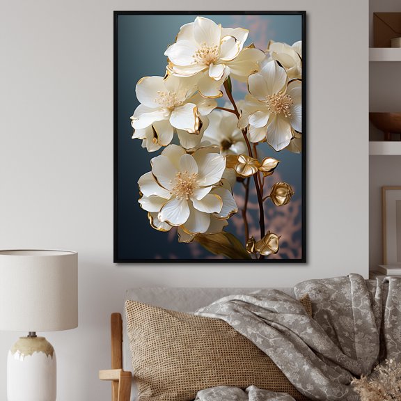 Designart "Elegance In White And Gold Hydrangea II" Hydrangea Floater Framed Wall Art Living Room